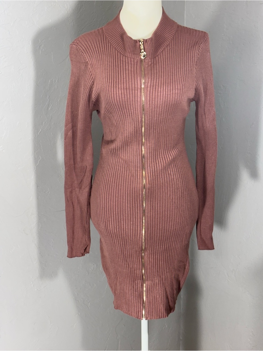 Say What? Ribbed Zip-Front Bodycon Dress in Mauve